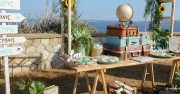 διακόσμηση βάπτισης travel theme με vintage βαλίτσες και υδρόγειο